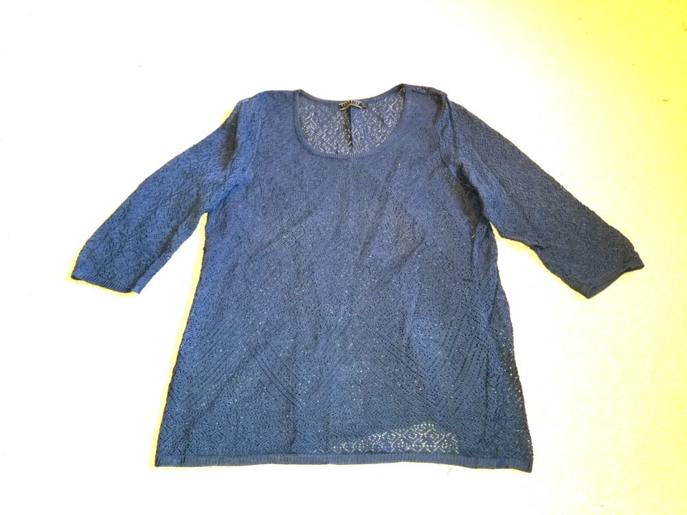 Womens Sweater-PERUVIAN CONNECTION-slate blue pima cotton crochet lightweight-XL